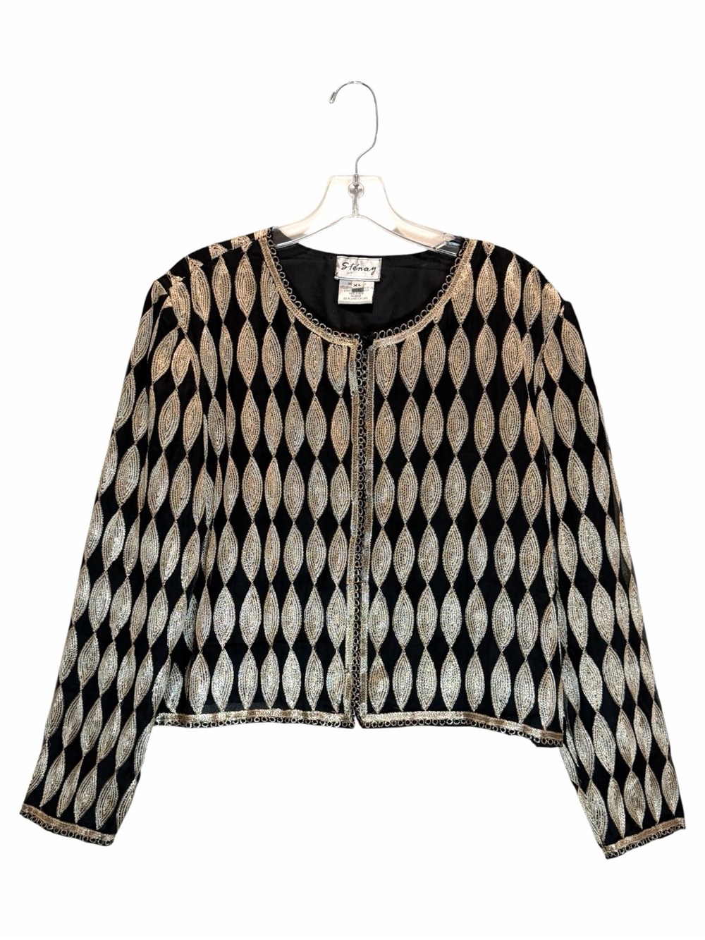VTG Sténay Black Silk Cropped Jacket w/ Gold Metallic Embroidery - Extra Large